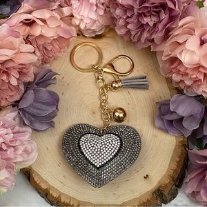 Gray Rhinestone Heart Pendant & Tassel Keychain